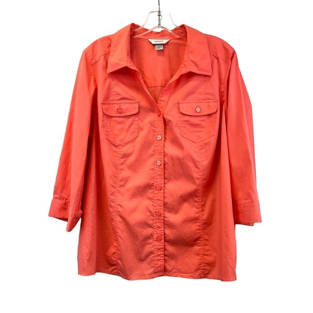 CJ Banks Womens 3/4 Sleeve Button Down Collared Top Coral 1X